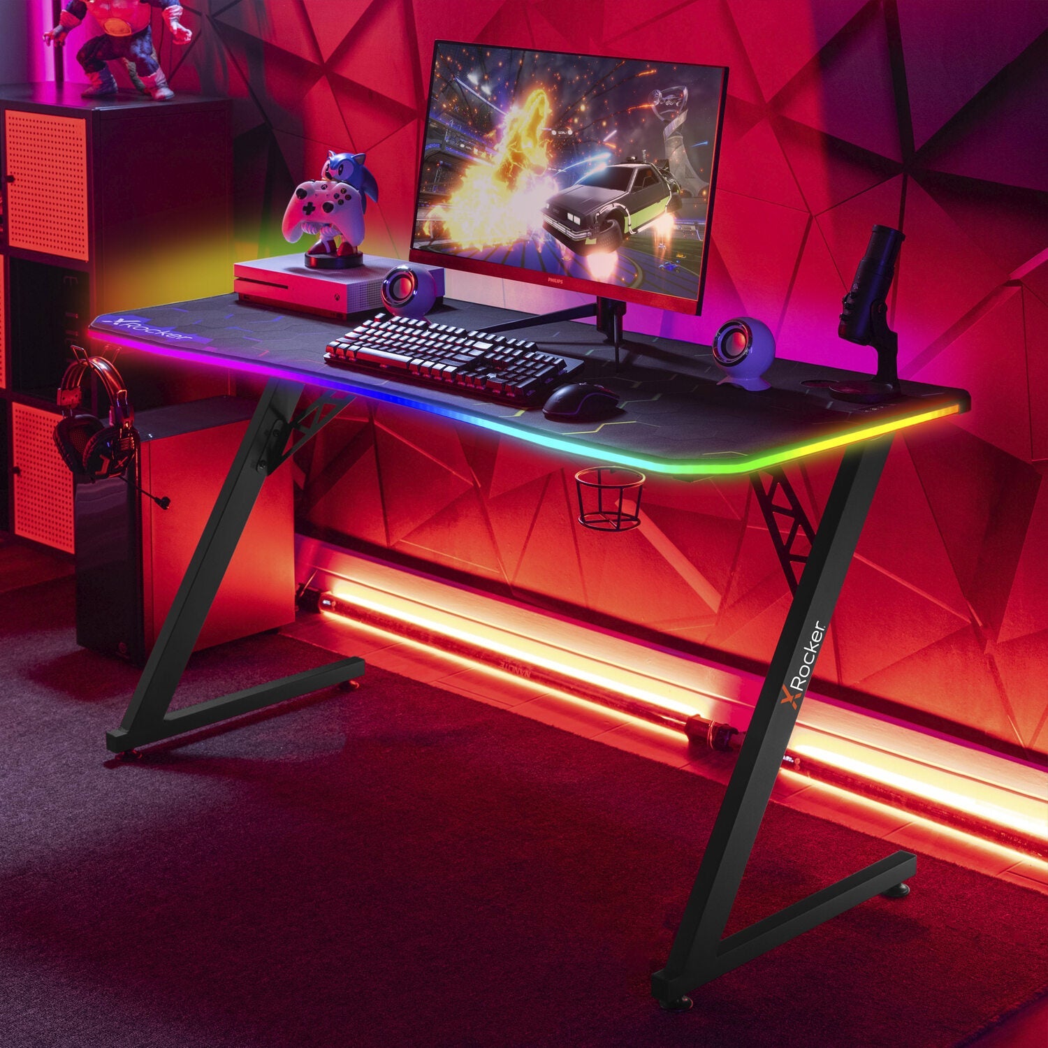 X Rocker ergonomic gaming desk with RGB LED lights and cable management