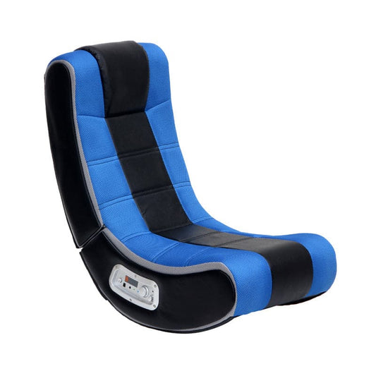 Blue and Black floor rocking gaming chair. Gaming chair with speakers and audio control module on side. 