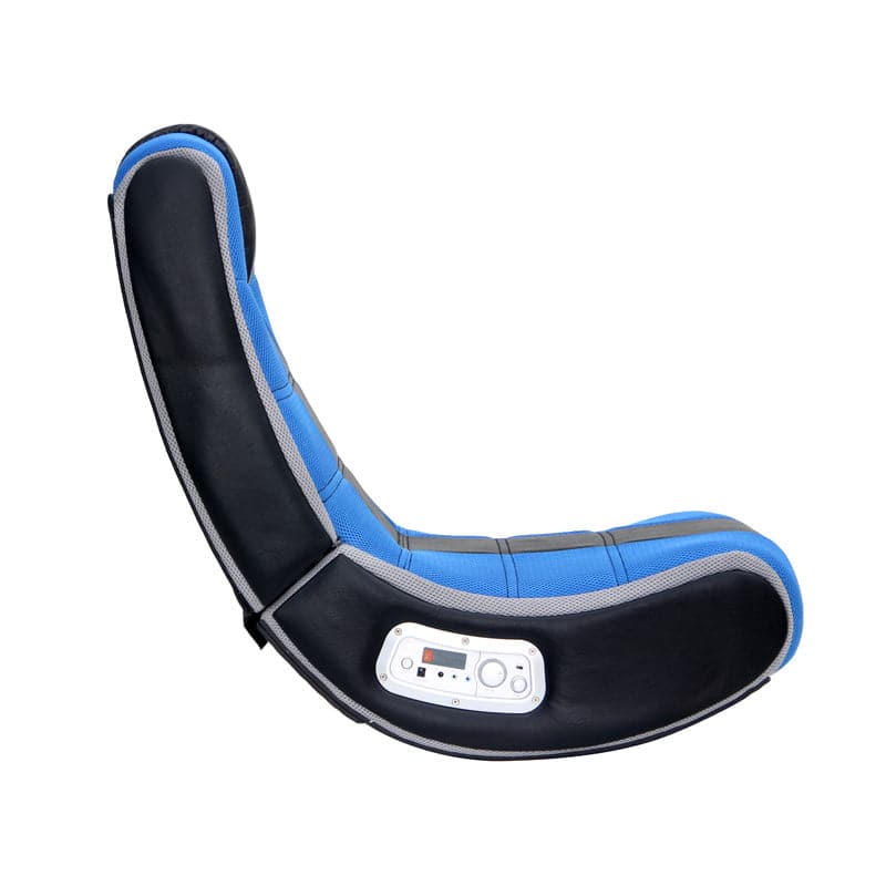 Side view of black and blue floor rocking gaming chair. Built-in audio gaming chair with control module showing.